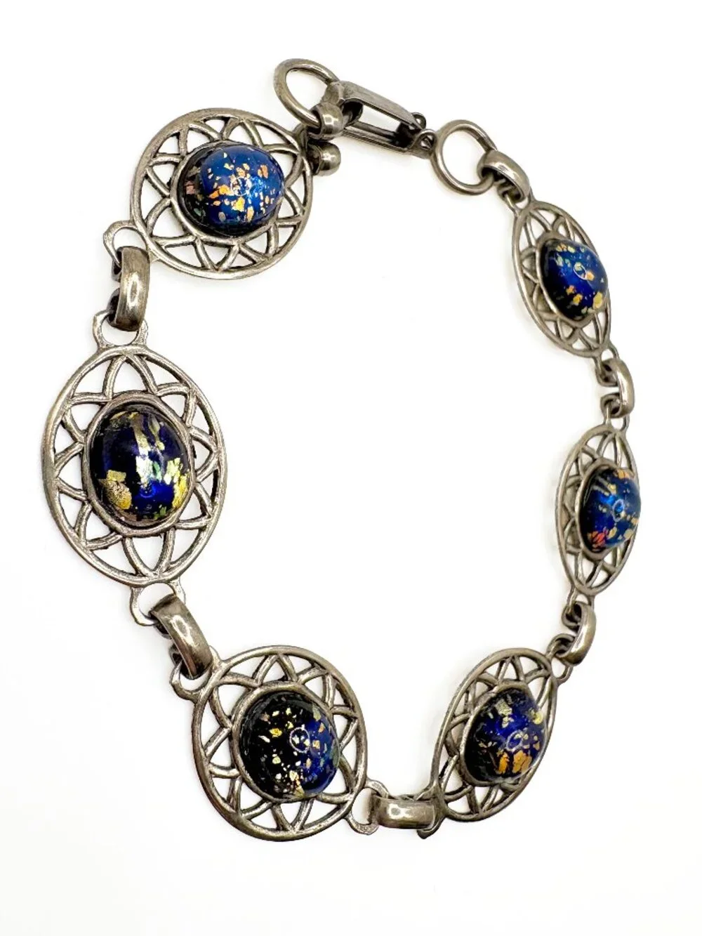 Vintage Blue Foil Confetti Glass Bracelet Silver Tone